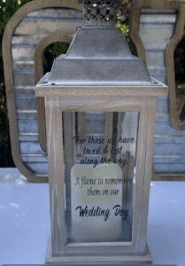 Lantern with a candle that will be lighted in memory of loved ones at a wedding at All4One Farms in Jacksonville, FL.